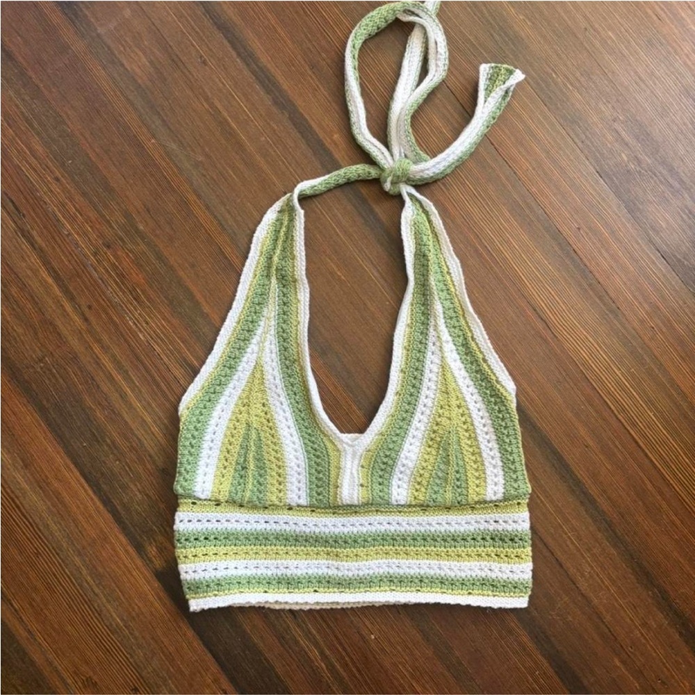 Hollister Green and White Crochet Cropped Halter Top